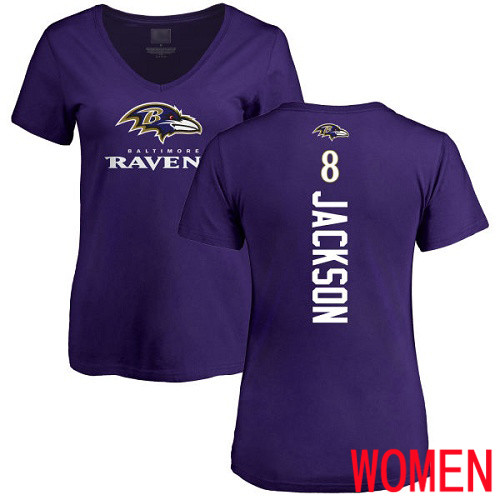 Baltimore Ravens Purple Women Lamar Jackson Backer NFL Football #8 T Shirt